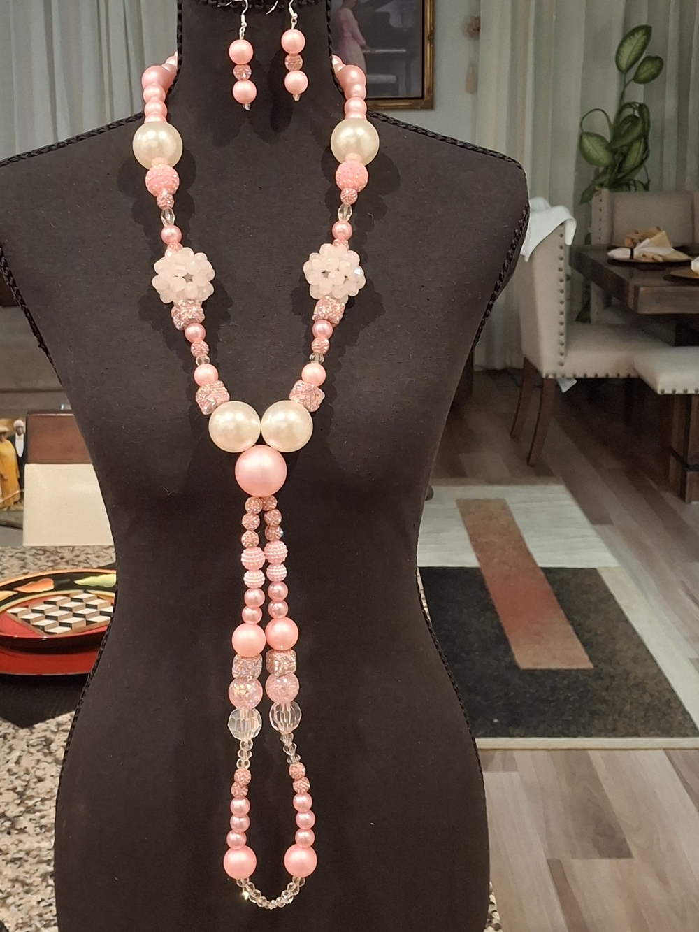 Handmade Elegant Pink Beaded Statement Necklace and Earring Set
